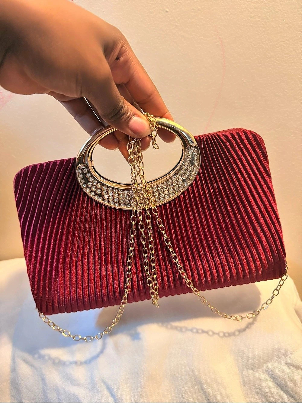 Red Jeweled Handle Chain Clutch Like New
